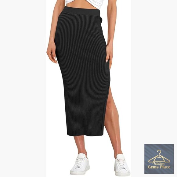 Bodycon Knitted Pencil Skirt Elastic Waist Split Midi